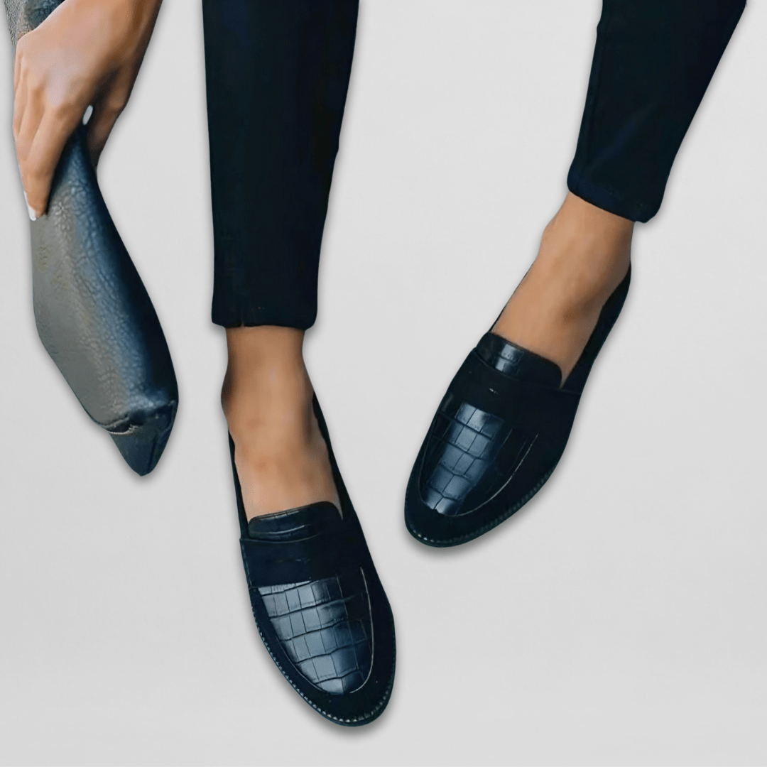 Black Orthopedic Loafers With Crocodile Print For Women