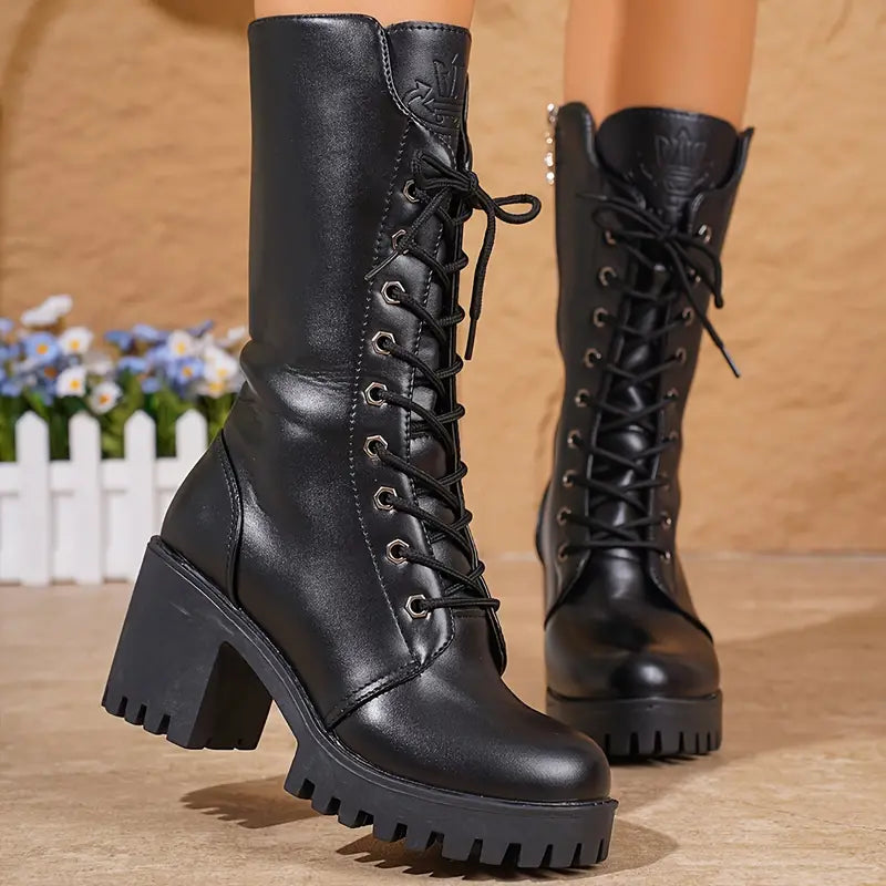 Trendy Women's Black Combat Knee Boots With Laces And Chunky Heel