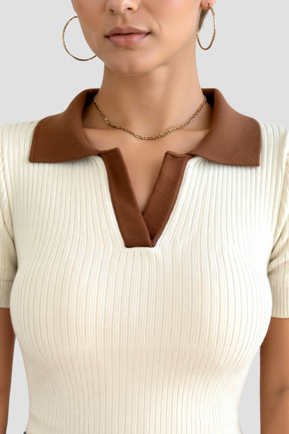Elegant Women's Polo with Rib Pattern and V-neck
