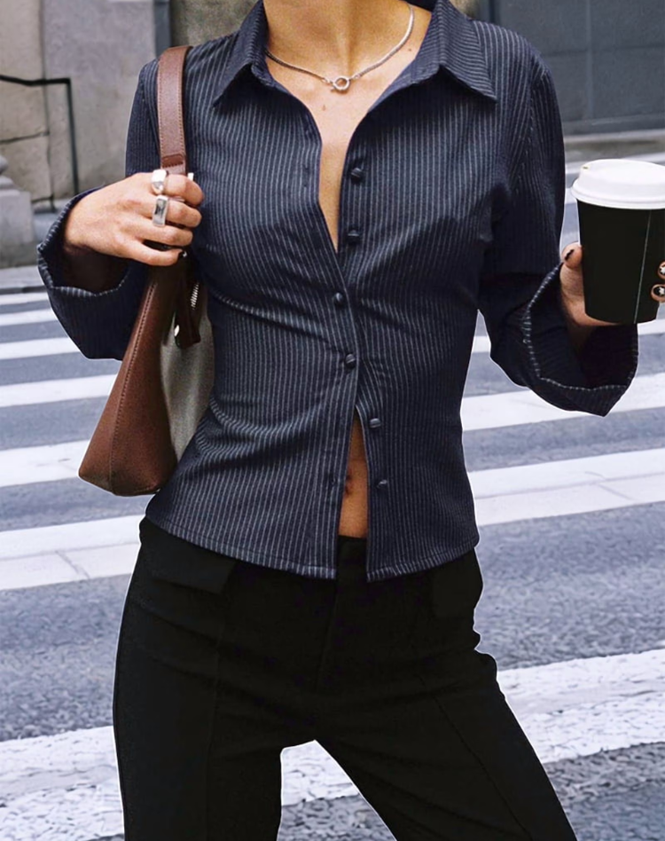 Trendy Women's Blouse with Wide Long Sleeves and Stripes