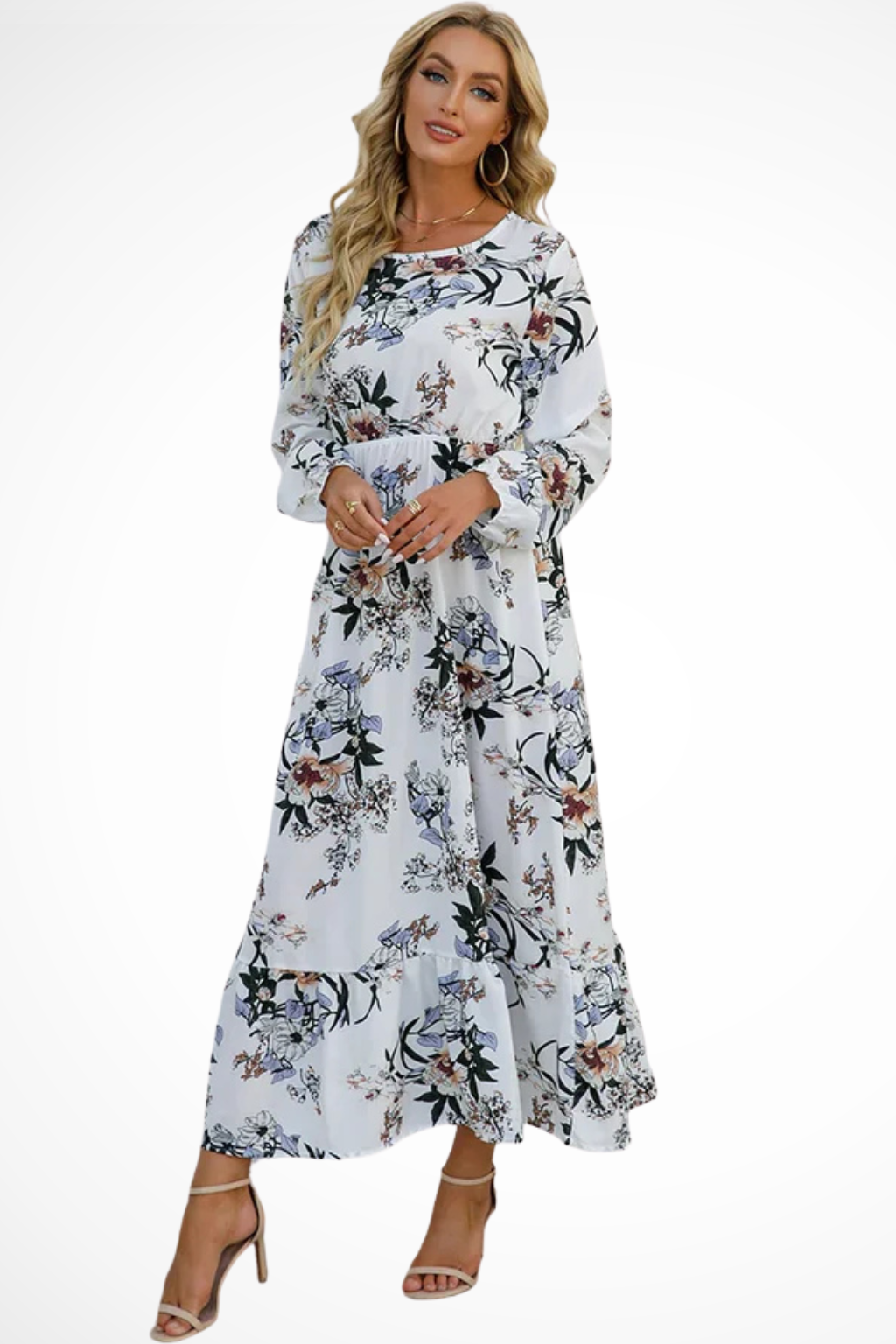 Maxi Summer Dress With Floral Print And Long Sleeves For Women