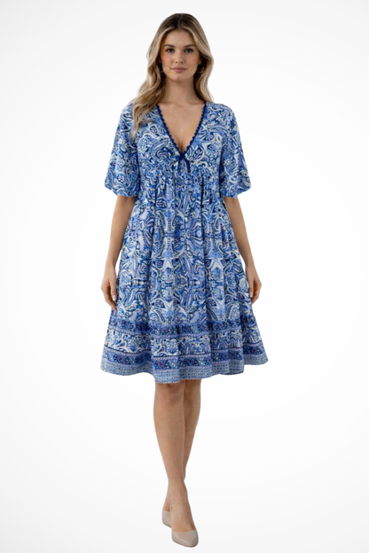 Soft Midi Summer Dress With V-Neck And Boho Print