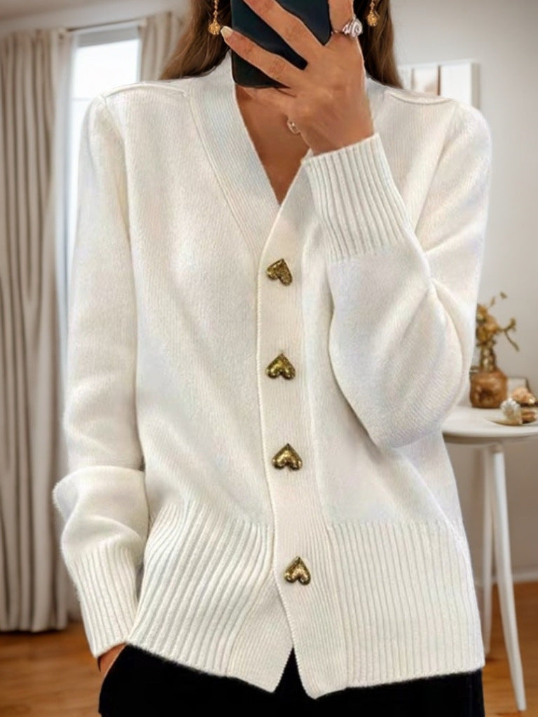 Women's Cardigan With Heart-shaped Buttons And Long Sleeves