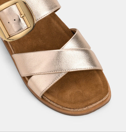 Gold Summer Women's Sandals with Cross Straps and Gold Buckle
