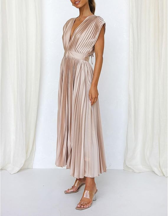 Elegant Beige Halter Mini Dress for Women with Pleats and Bow Detail