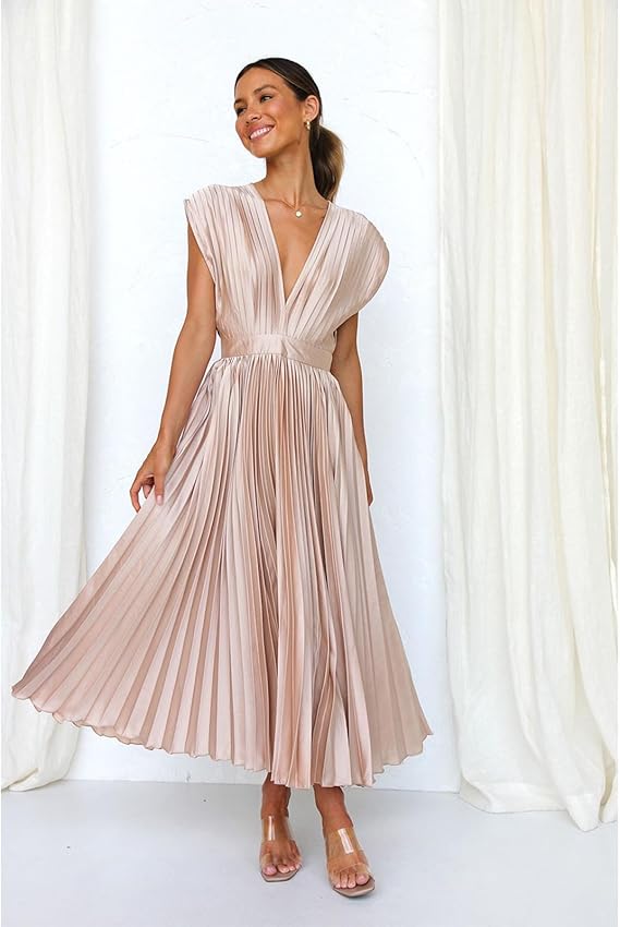 Elegant Beige Halter Mini Dress for Women with Pleats and Bow Detail