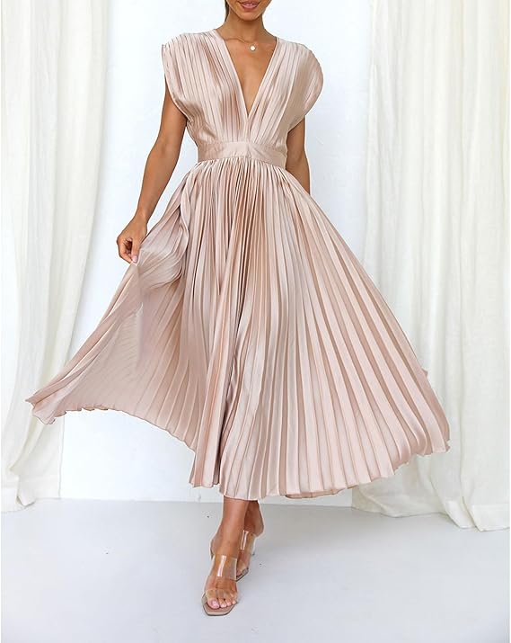 Elegant Beige Halter Mini Dress for Women with Pleats and Bow Detail