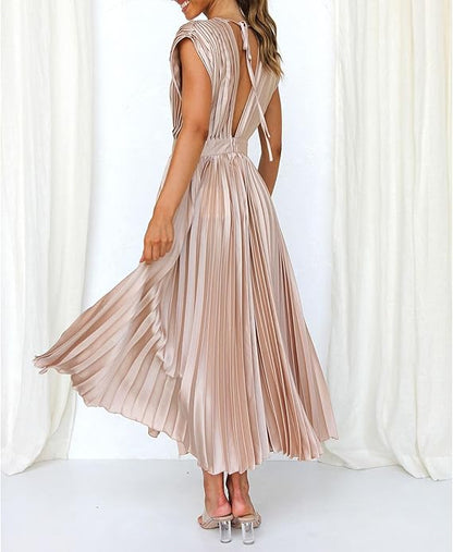 Elegant Beige Halter Mini Dress for Women with Pleats and Bow Detail