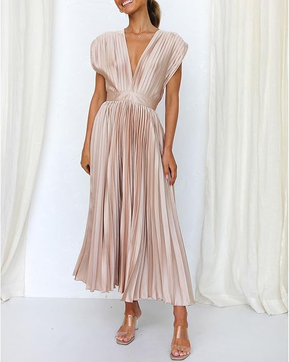 Elegant Beige Halter Mini Dress for Women with Pleats and Bow Detail