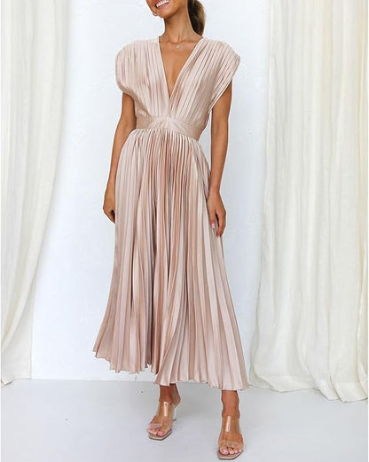 Elegant Beige Halter Mini Dress for Women with Pleats and Bow Detail