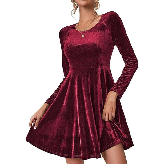 Luxury Women's Red Velvet Mini Dress with Long Sleeves