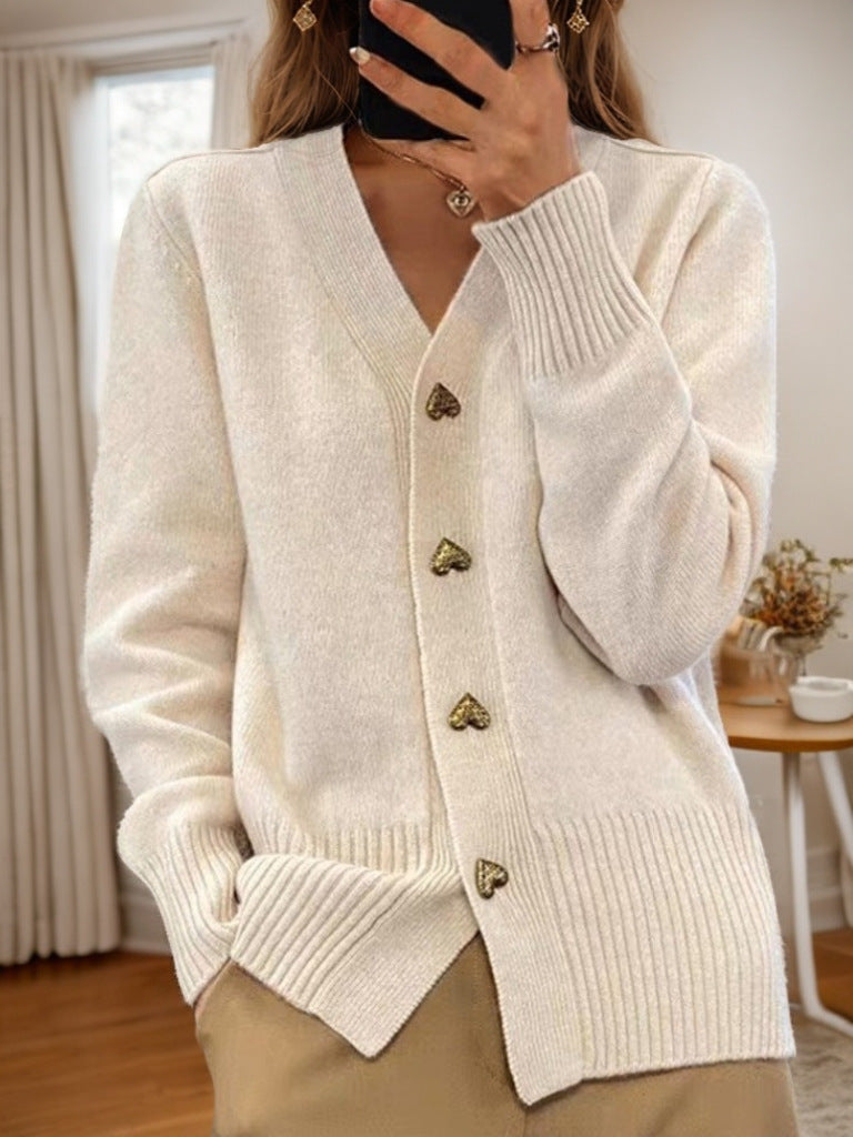 Women's Cardigan With Heart-shaped Buttons And Long Sleeves