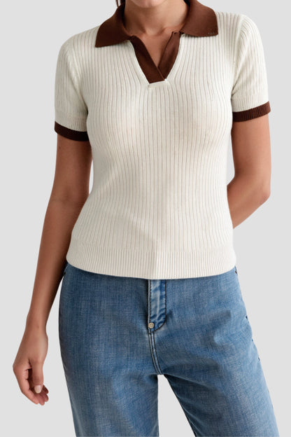 Elegant Women's Polo with Rib Pattern and V-neck