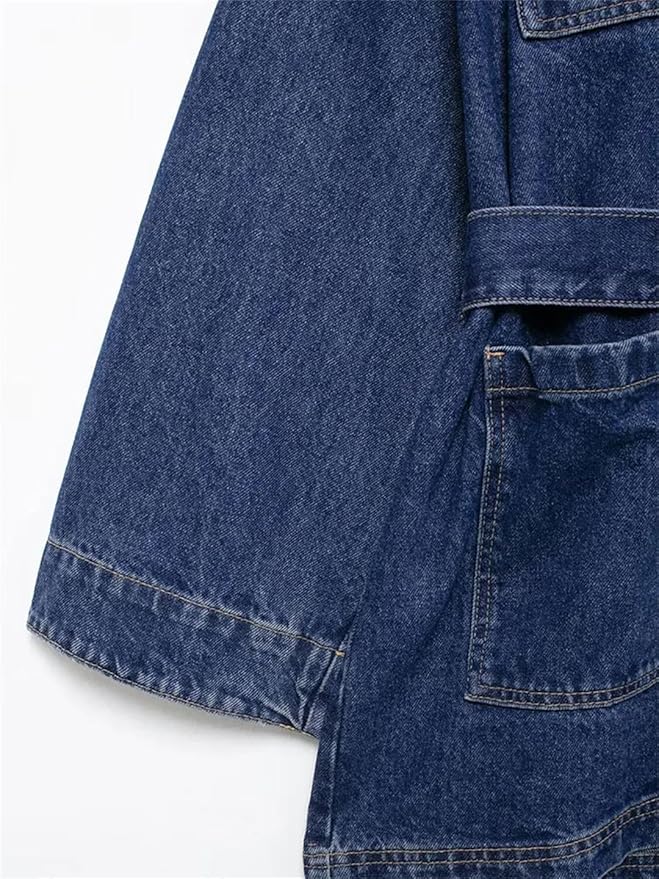 Long Trendy Denim Jacket for Women with Belt and Pockets