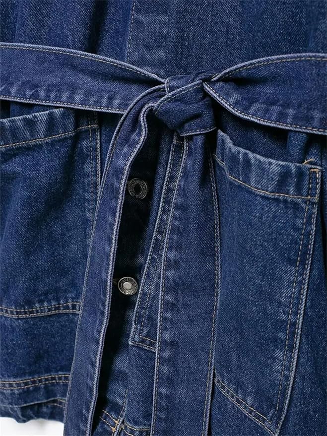 Long Trendy Denim Jacket for Women with Belt and Pockets