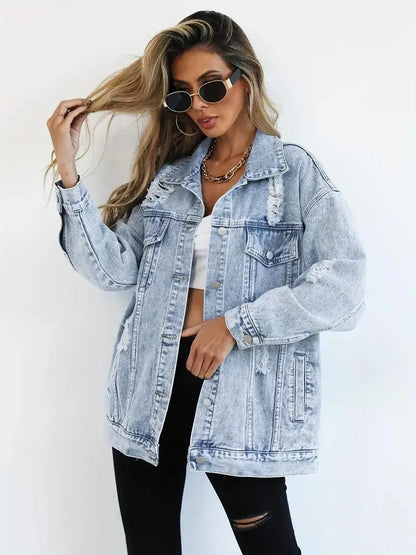 Women's Oversized Denim Jacket with Edgy Look and Snap Button Closure