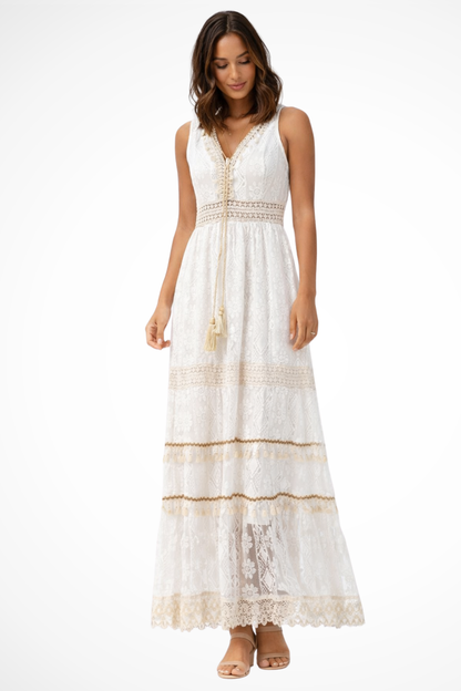 Boho Maxi Summer Dress With Lace Details And Tassels