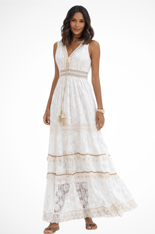 Boho Maxi Summer Dress With Lace Details And Tassels