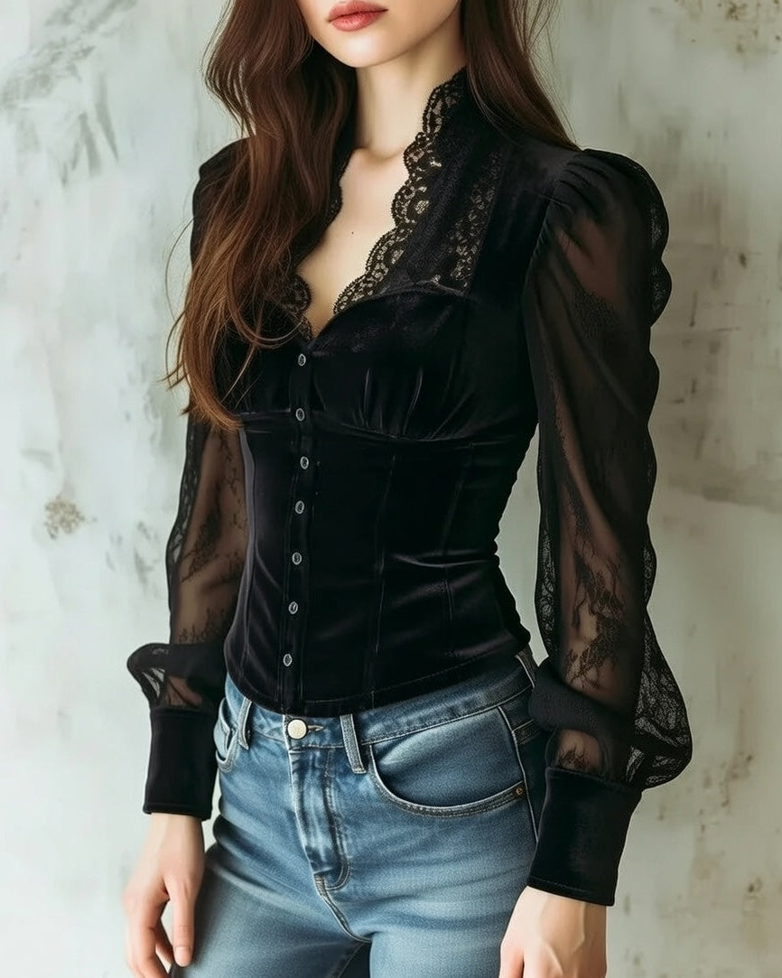 Black Elegant Women's Lace Blouse with V-Neck and Long Sleeves