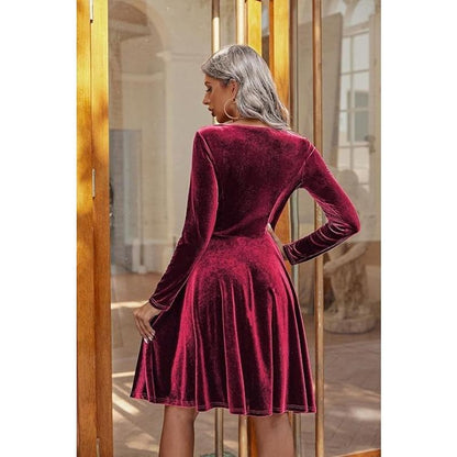 Luxury Women's Red Velvet Mini Dress with Long Sleeves