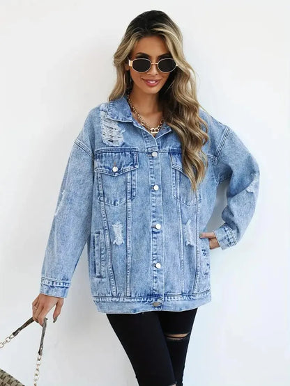 Women's Oversized Denim Jacket with Edgy Look and Snap Button Closure