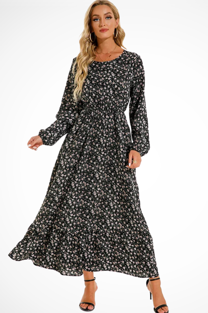 Maxi Summer Dress With Floral Print And Long Sleeves For Women