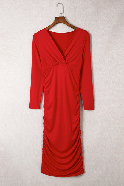 Red Midi Dress for Women with Long Sleeves and V-neck