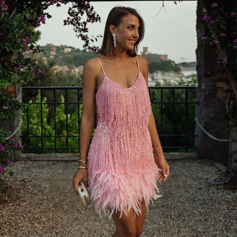 Quinnly | Party Dress with Feathers and Fringe