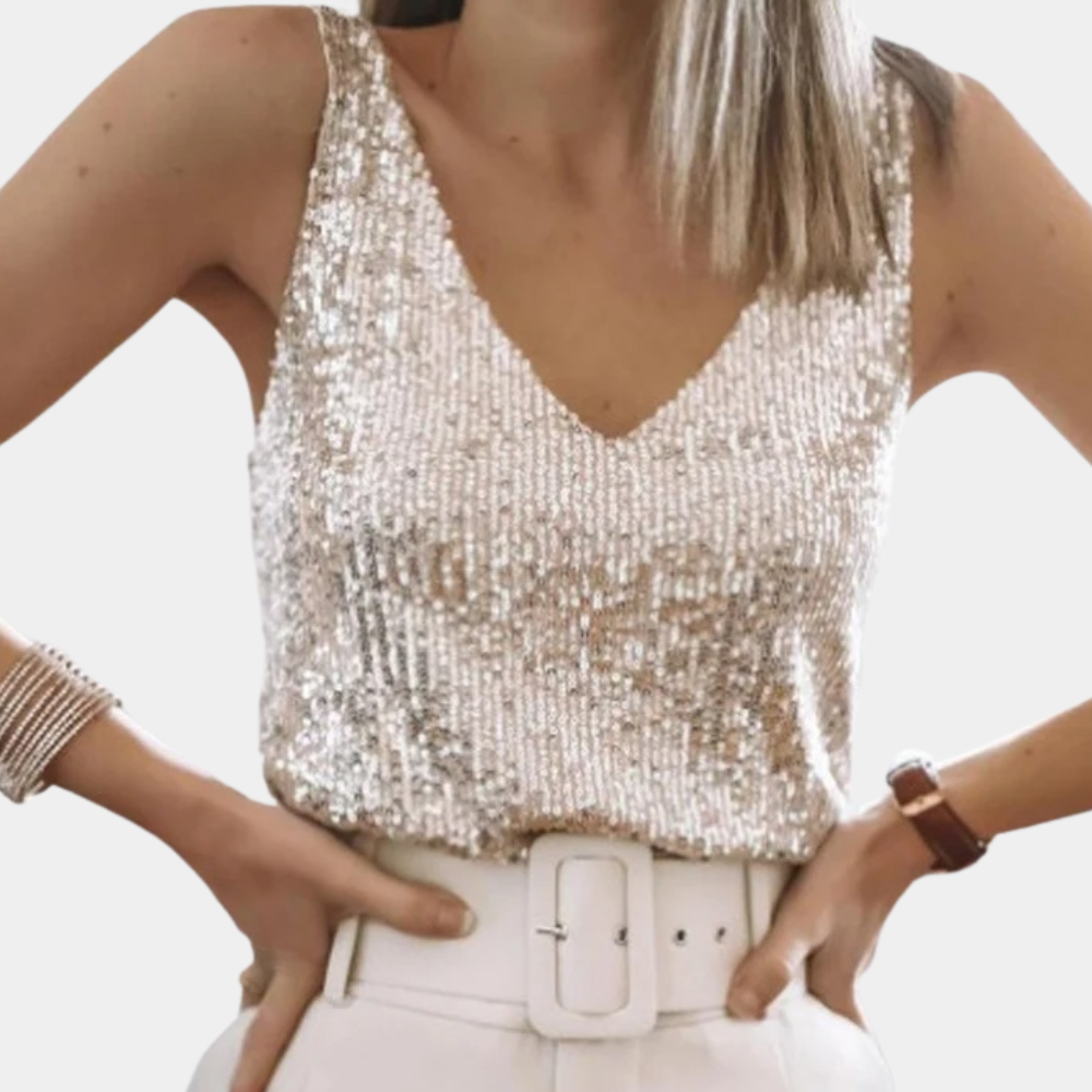 Luxury Glittering Women's Top with V-neck and Sleeveless
