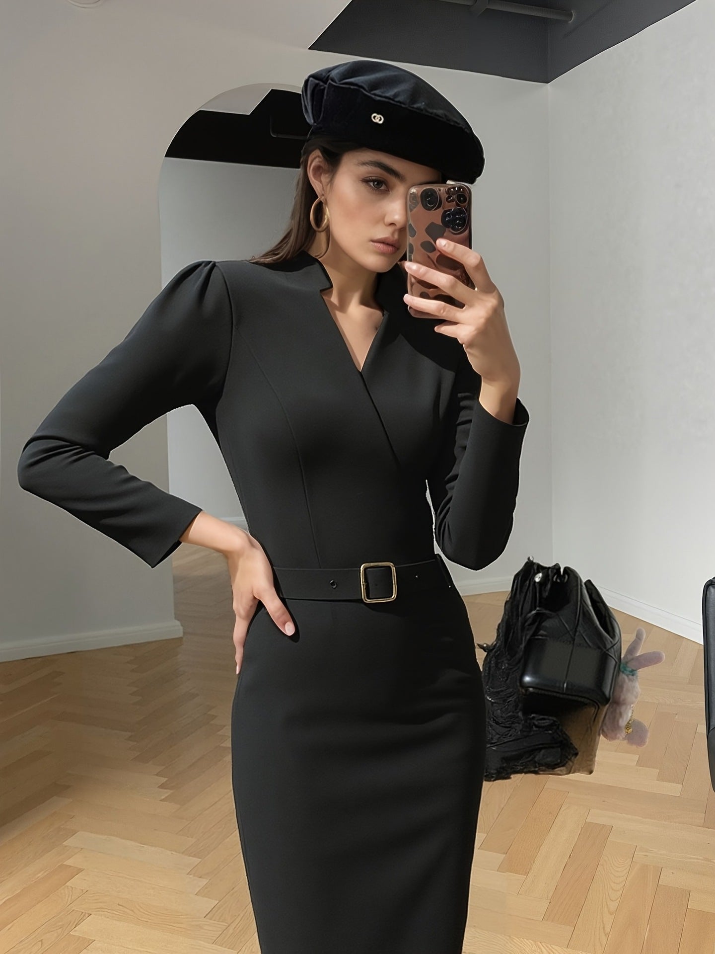 Luxury Midi Dress for Women with Belt and Three-Quarter Sleeves