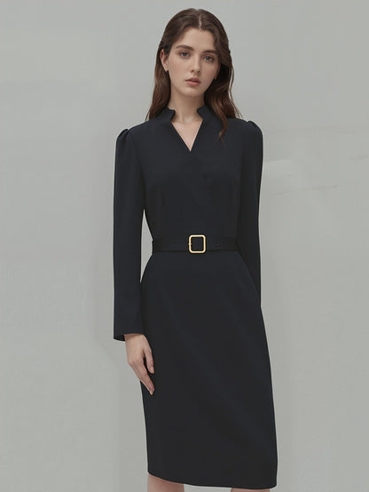 Luxury Midi Dress for Women with Belt and Three-Quarter Sleeves