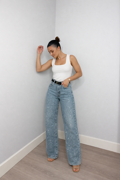 Trendy Women's Glitter Jeans With High Waist And Wide Legs
