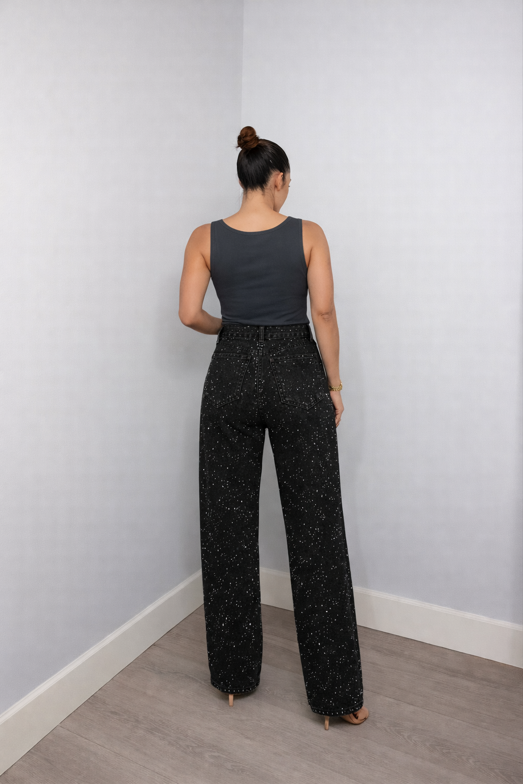 Trendy Women's Glitter Jeans With High Waist And Wide Legs