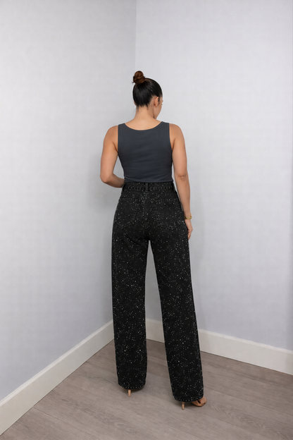 Trendy Women's Glitter Jeans With High Waist And Wide Legs