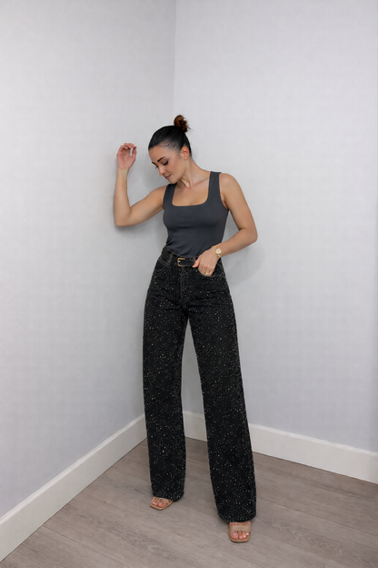 Trendy Women's Glitter Jeans With High Waist And Wide Legs