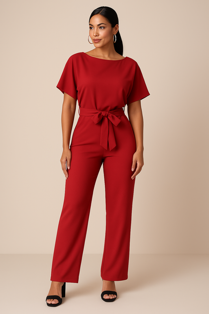 Minimalist Women's Wide Leg Jumpsuit With Tie Belt