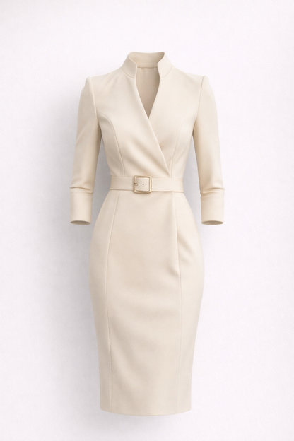 Luxury Midi Dress for Women with Belt and Three-Quarter Sleeves