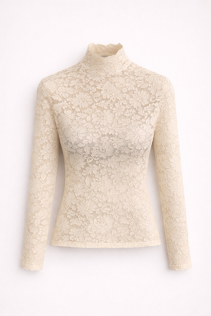Chic Women's Lace Top with Long Sleeves and High Neck