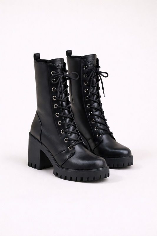 Trendy Women's Black Combat Knee Boots With Laces And Chunky Heel