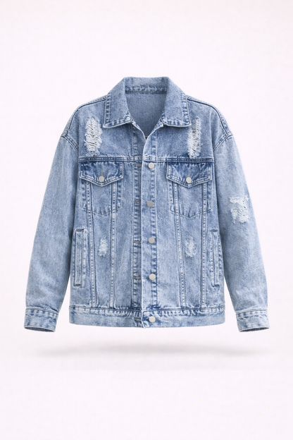 Women's Oversized Denim Jacket with Edgy Look and Snap Button Closure