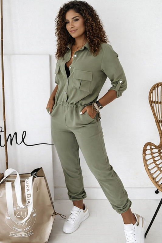 Casual Green Women's Utility Jumpsuit With Long Sleeves