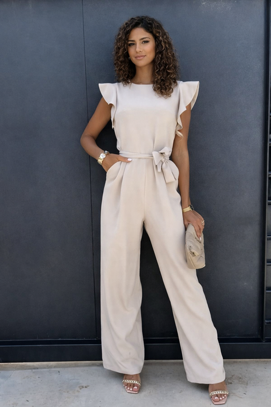 Summer Women's Jumpsuit With Ruffle Sleeves And Tie Belt