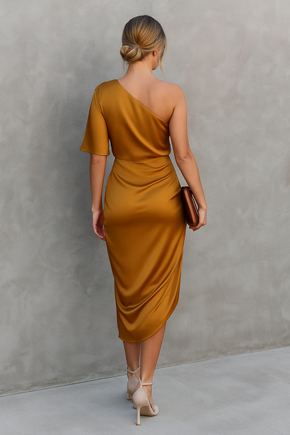 Elegant Asymmetrical Women's Midi Dress with One Shoulder