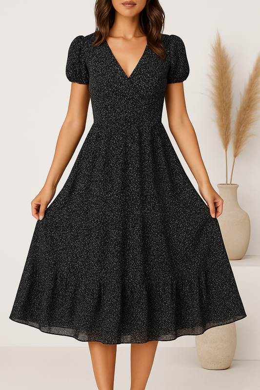 Ronelyn | Printed V-Neck Dress with Short Sleeves