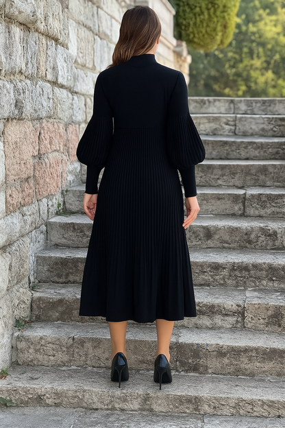 Black Women's Midi Dress with Long Sleeves and High Neck