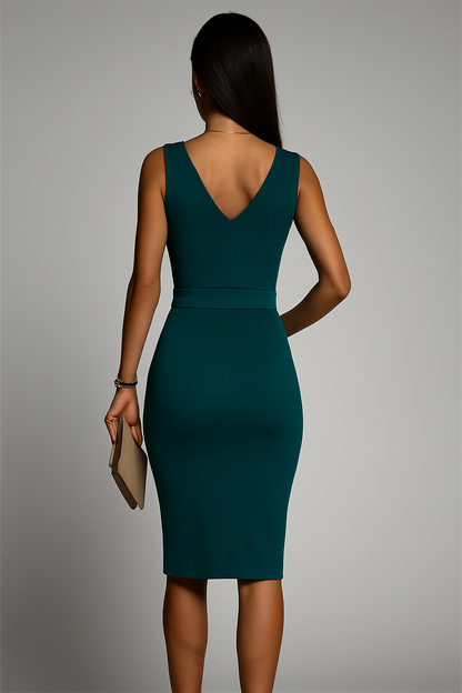 Rosina | Elegant Midi Dress with Pleated V-Neck and Subtle Slit