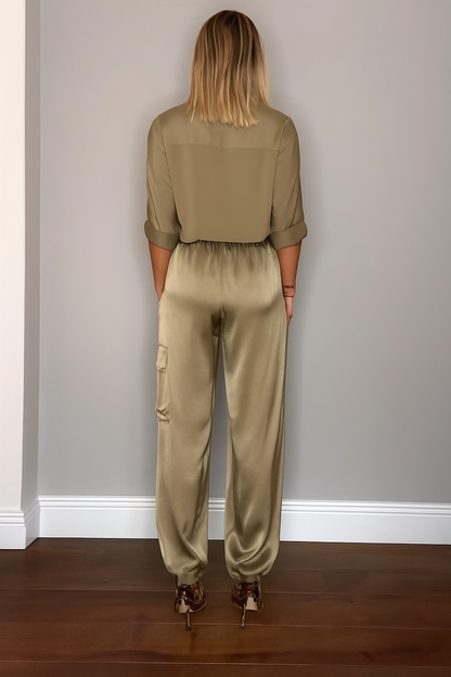 Chic Women's Satin Cargo Set with Top and High Waist Pants