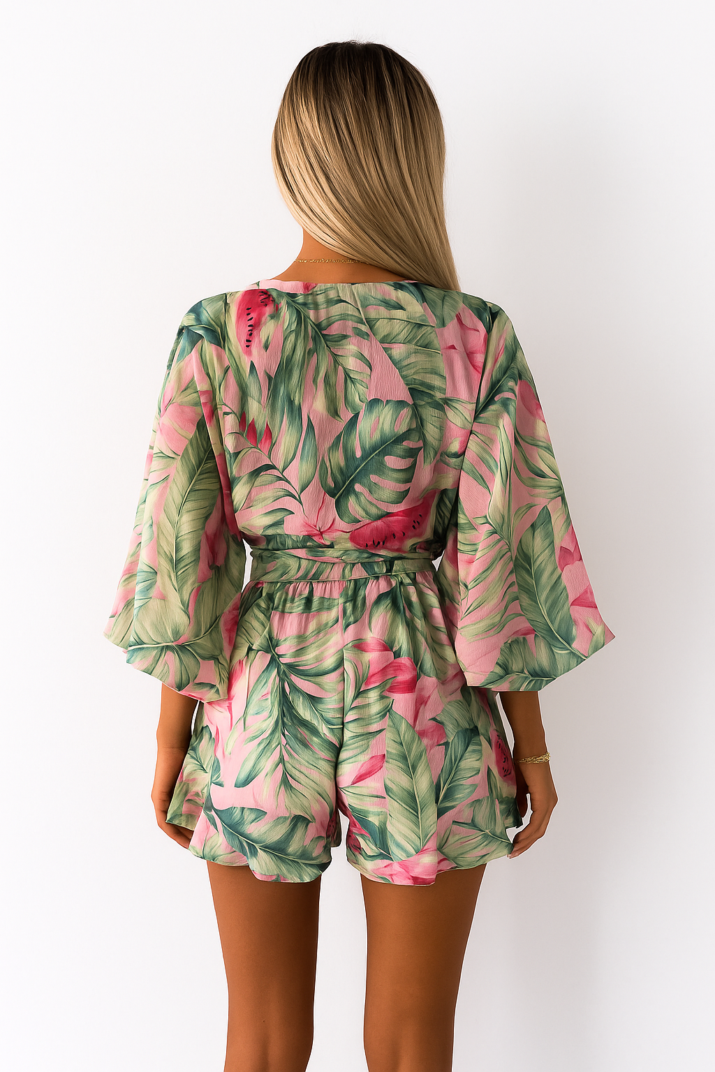 Floortje | Flowing Playsuit with Tropical Print and Kimono Sleeves
