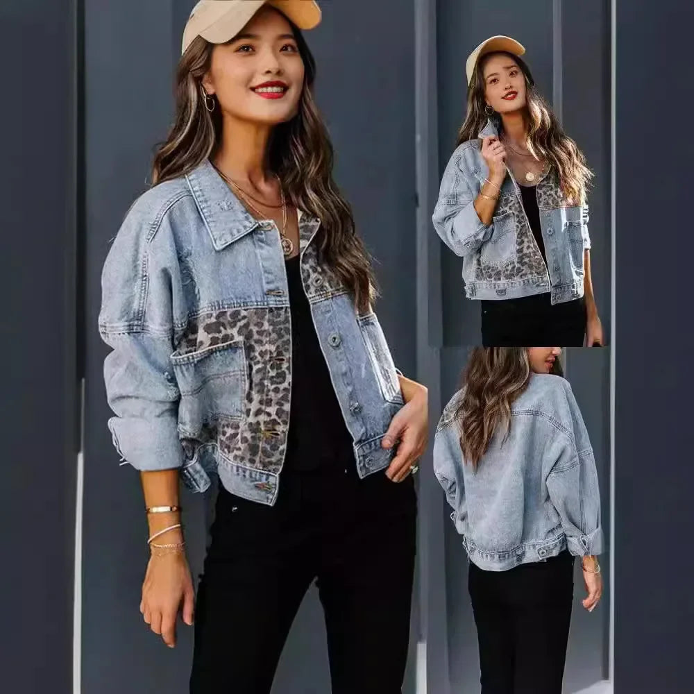 Denim Jacket With Leopard Print And Statement Design