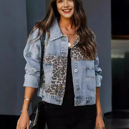 Denim Jacket With Leopard Print And Statement Design
